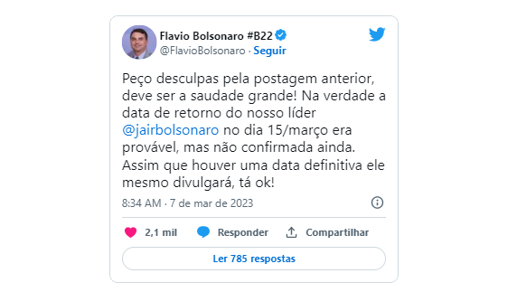 Flávio anuncia volta de Bolsonaro recua minutos depois