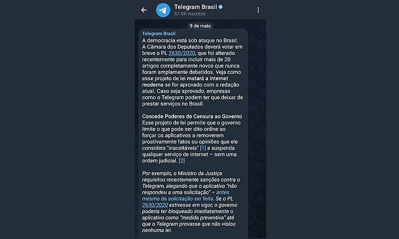 MPF dá prazo ao Telegram para explicar mensagens com ataques ao PL das Fake News