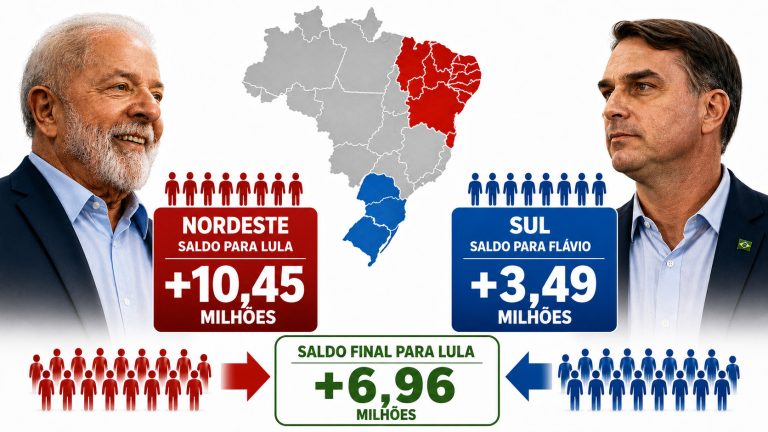 Vantagem de Lula no Nordeste é três vezes maior do que o saldo que Flávio acumula no Sul
