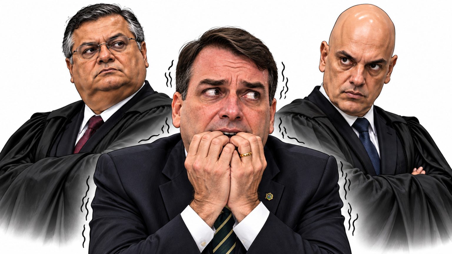 Flávio Bolsonaro aparece apreensivo entre os ministros Gilmar Mendes e Alexandre de Moraes, do STF.