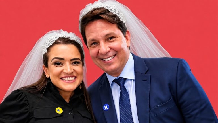 Karina Gama e Mario Frias em montagem com véus de noiva, em referência à investigação sobre recursos para Dark Horse