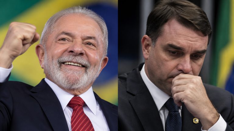 Lula sorridente e Flávio Bolsonaro com expressão preocupada em montagem sobre pesquisa BTG/Nexus.