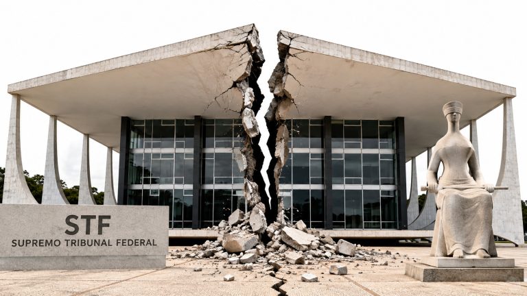 Prédio do STF rachado ao meio em ilustração sobre crise no Supremo