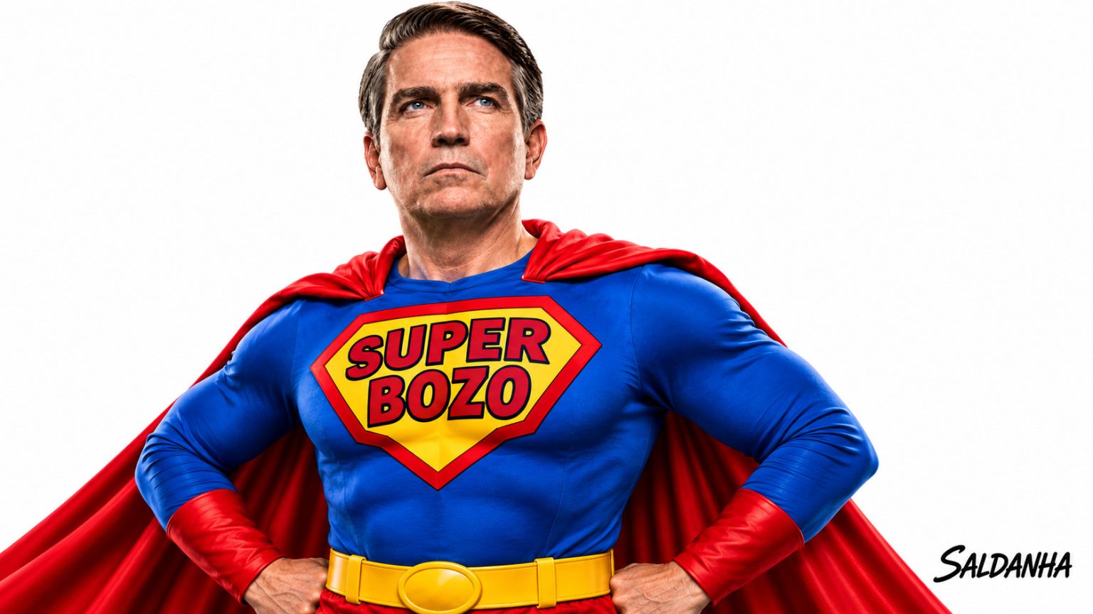 Jim Caviezel como Jair Bolsonaro, caracterizado como “Super Bozo”