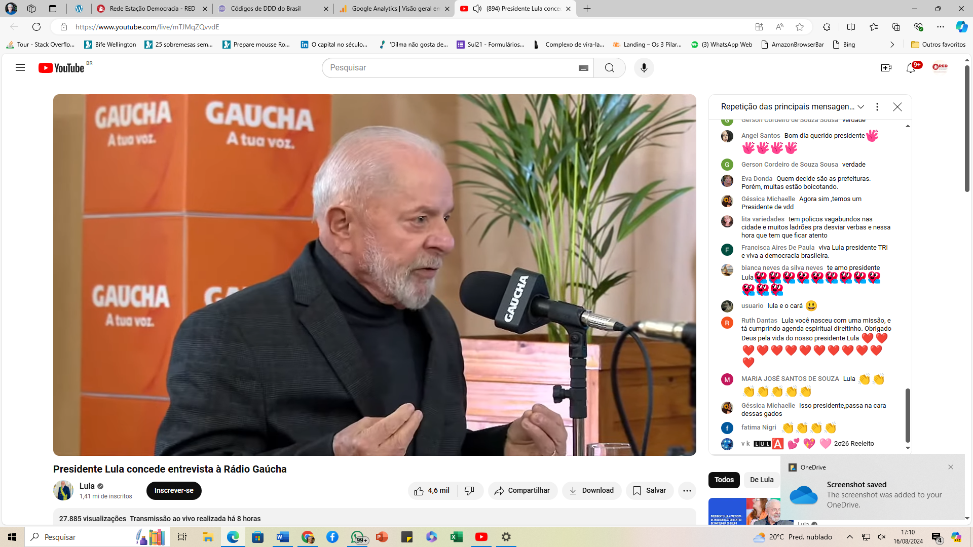 Entrevista de Lula para a Rádio Gaúcha, em 16 /08/2024 - Print de tela