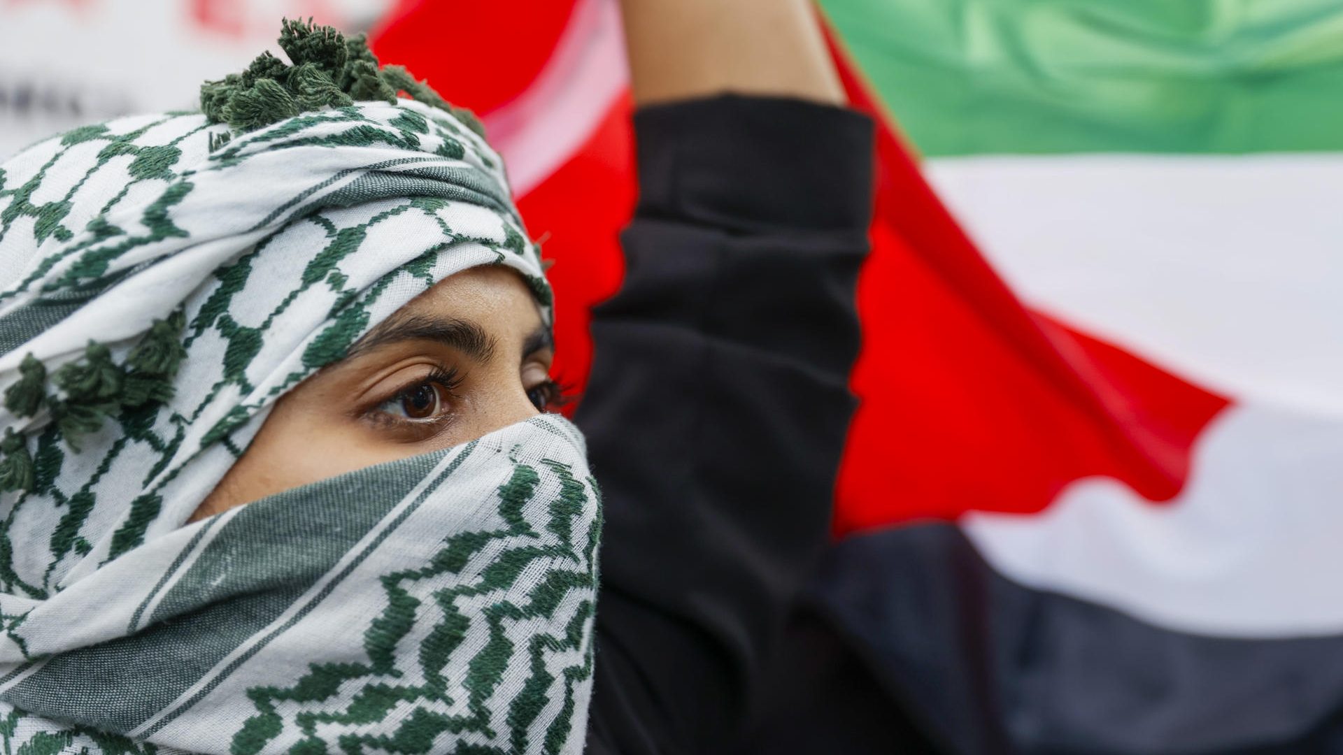 MADRID, 18/10/2023.- Un asistente a la concentración "Detengamos masacre Gaza", que tiene lugar este miércoles frente a la embajada de Israel en Madrid. EFE/ Mariscal