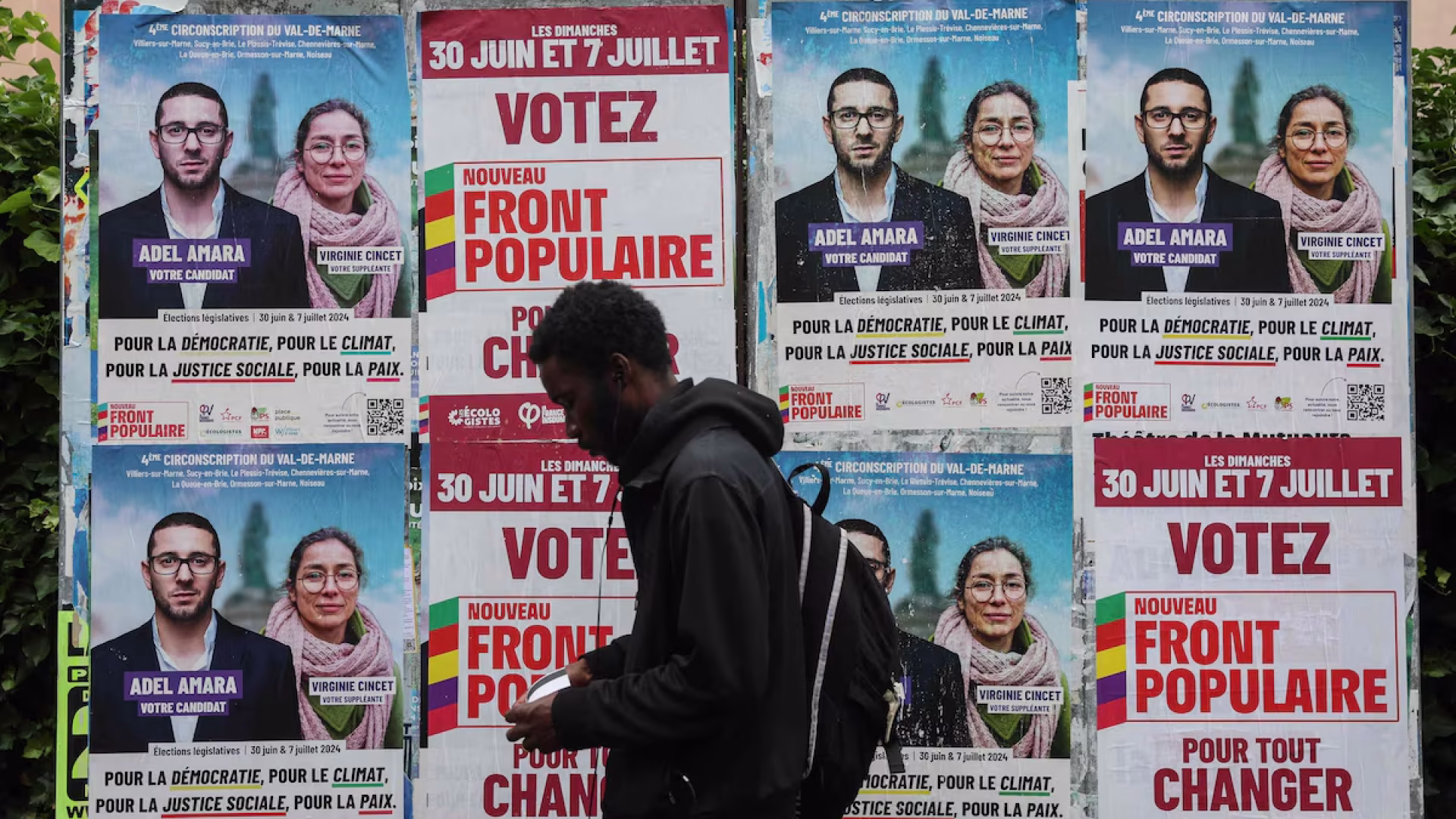 Cartazes de candidatos da Nova Frente Popular, aliança de esquerda.  Foto: Emmanuel Dunand/AFP