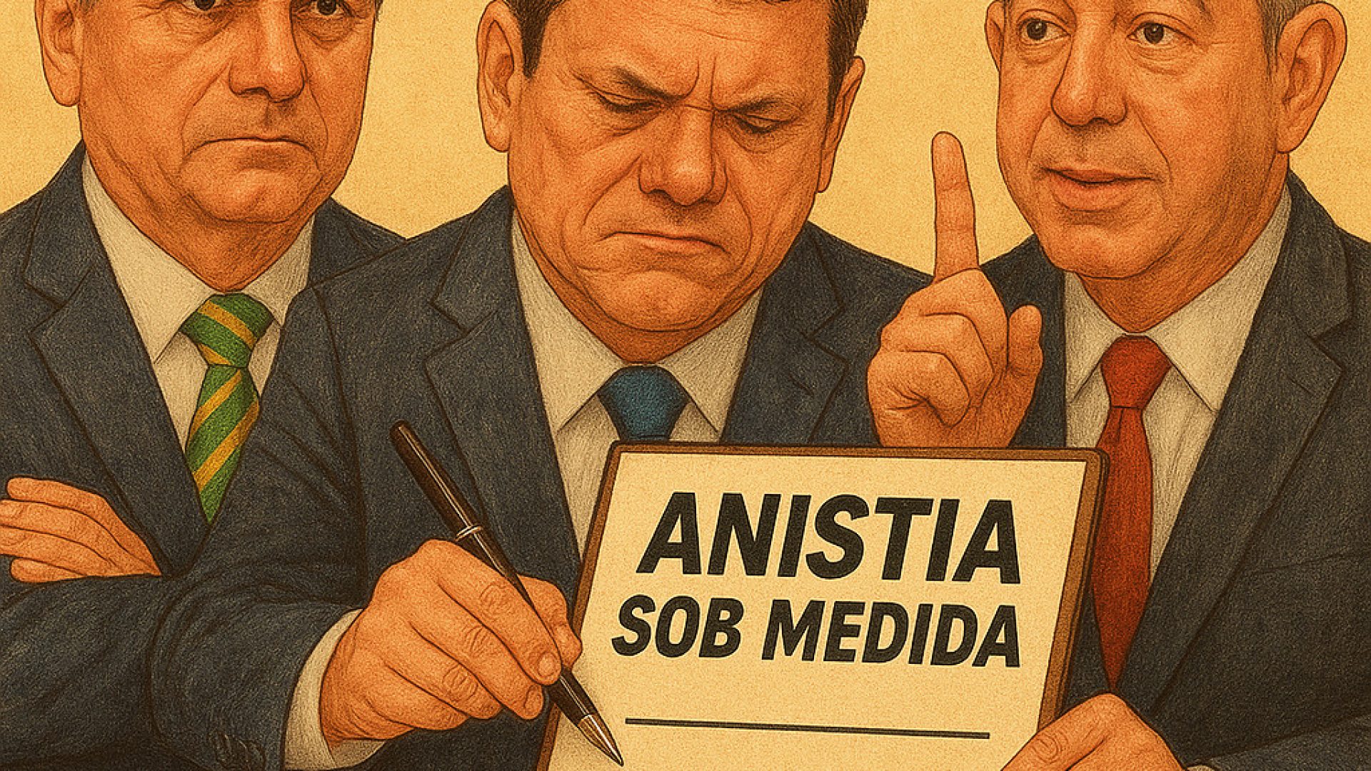 Jair Bolsonaro, Tarcísio de Freitas e Arthr Lira costuram anistia sob medida - Imagem gerada por IA ChatGPT