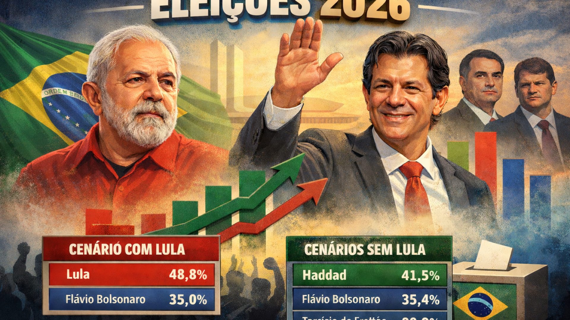 Eleições 2026 - Cenários com Lula e com Haddad - Imagem gerada por IA ChatGPT.