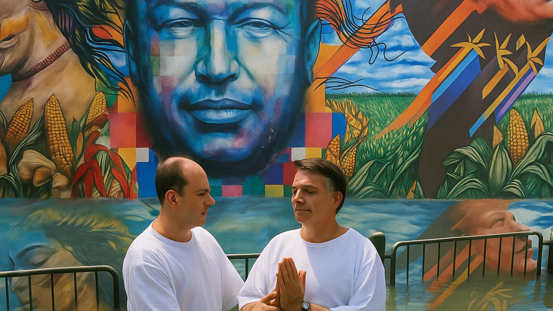 Batismo de Bolsonaro e Chávez no céu - Fotocomposição gerada por IA  ChatGPT a partir de fotos de Jair Bolsonaro, Pastor Everaldo no Rio Jordão e Mural de Chavez y su Asunción al cielo