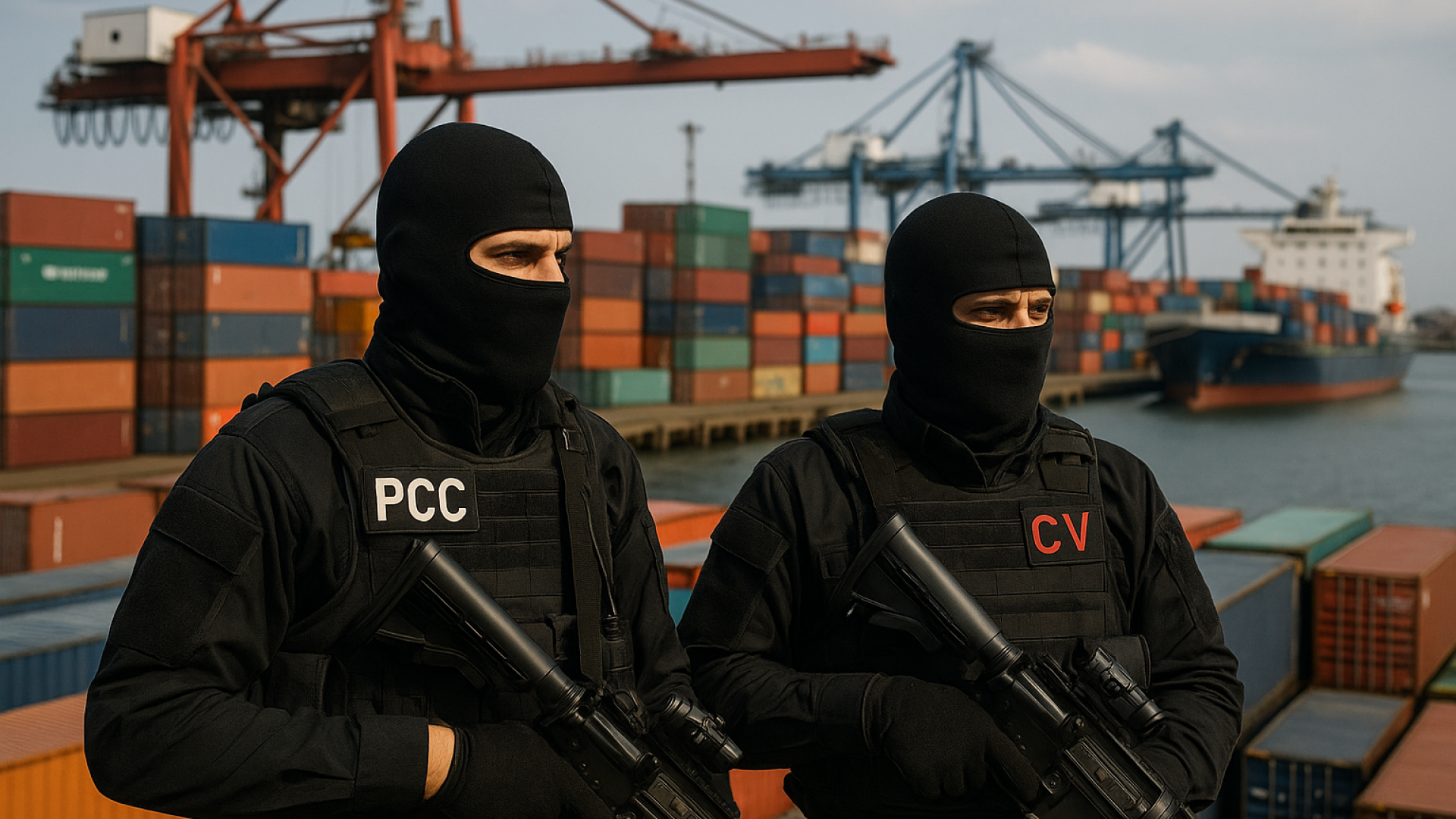 Ilustração gerada por IA ChatGPT representando o controle do tráfico internacional de cocaína via portos brasileiros, com integrantes armados identificados como membros do PCC e do Comando Vermelho em um cenário de carregamento marítimo.