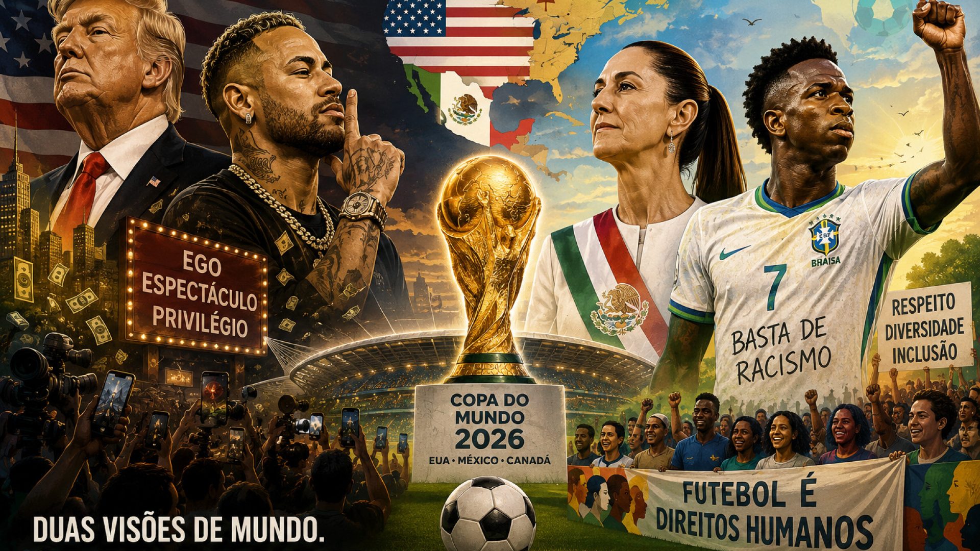 Copa 2026: Conflito e esperança - Duas visões de mundo: que vença a humanidade - Imagem gerada por IA ChatGPT