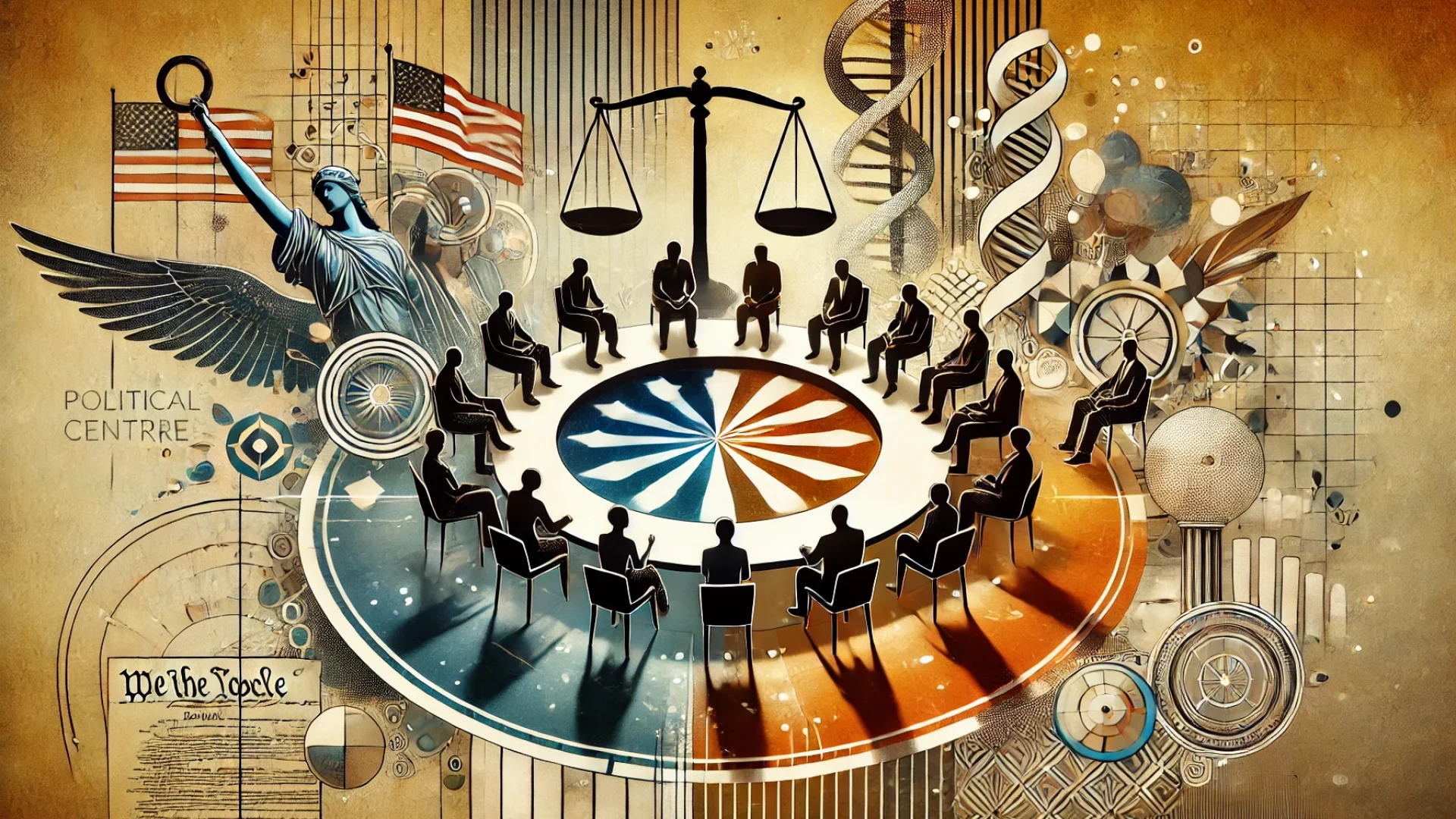 DALL·E 2024-11-19 18.10.35 - A horizontal image exploring the concept of the political center. Show a balanced scale or a circular table symbolizing dialogue and neutrality, with