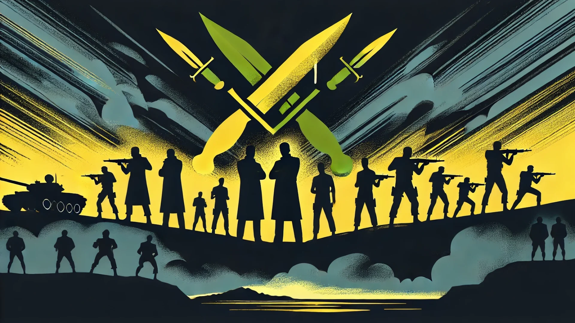 DALL·E 2024-11-24 19.17.15 - A horizontal image symbolizing intrigue and political tension, inspired by 'A Operação Punhal Verde Amarelo e A Noite dos Longos Punhais.' Depict a dr
