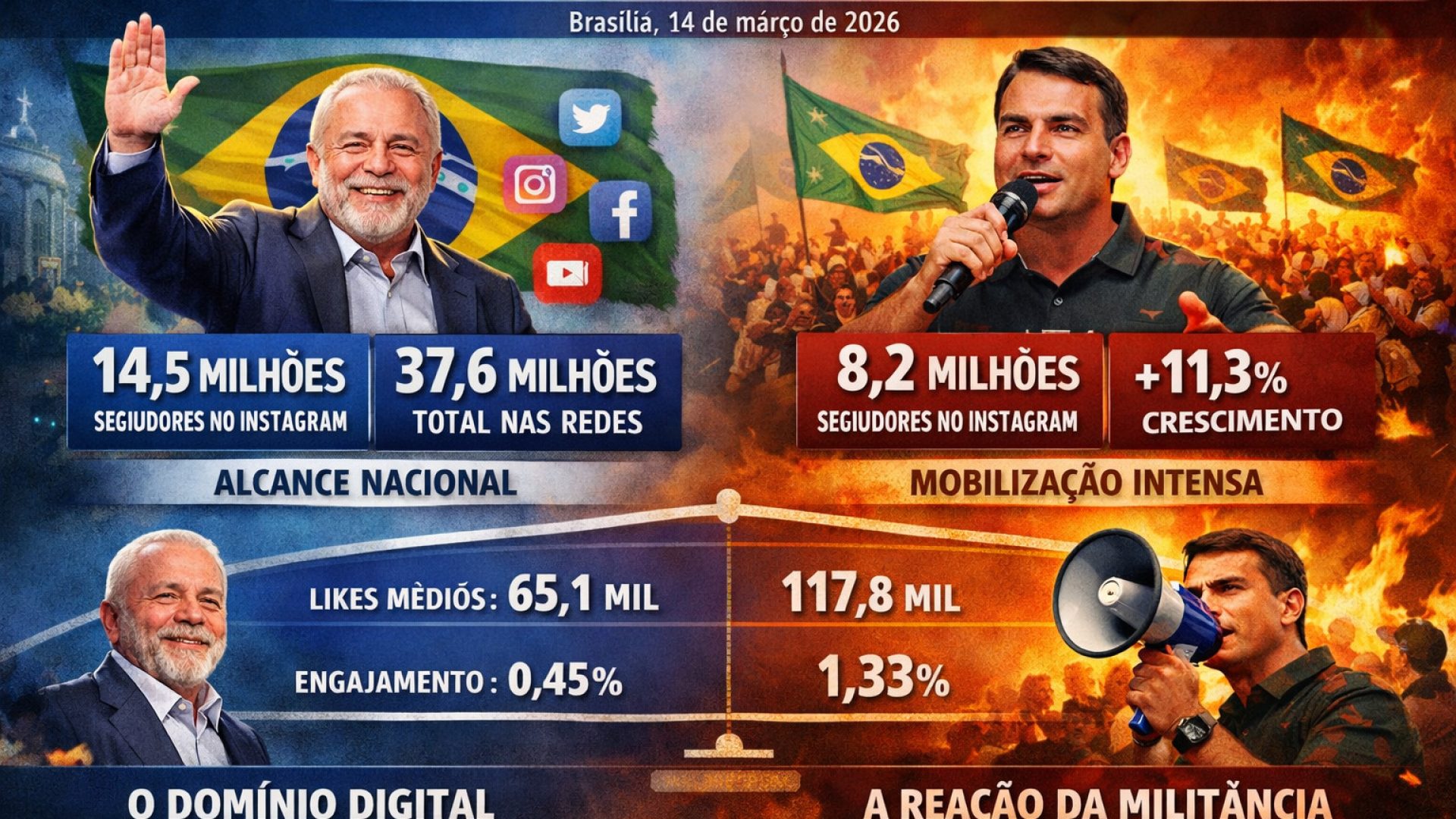 Disputa digital - Lula e Flávio - Imagem gerada por IA.