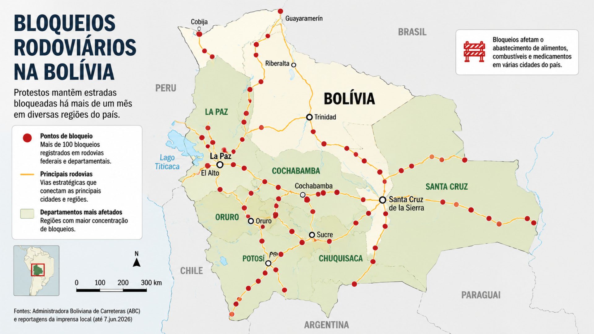 Estradas bloqueadas na Bolívia