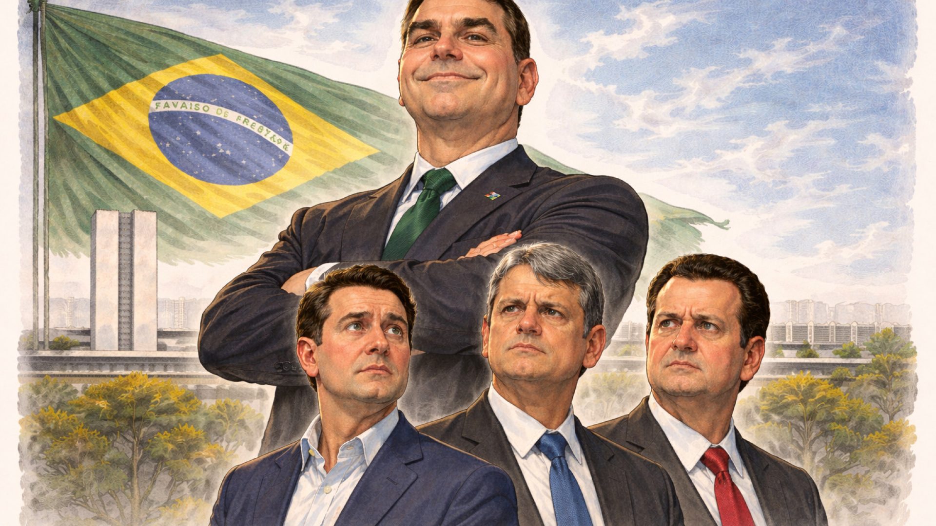 Ratinho Jr., Tarcísio de Freitas e Gilberto Cassab dominados por Flávio Bolsonaro - Imagem gerada por IA ChatGPT.