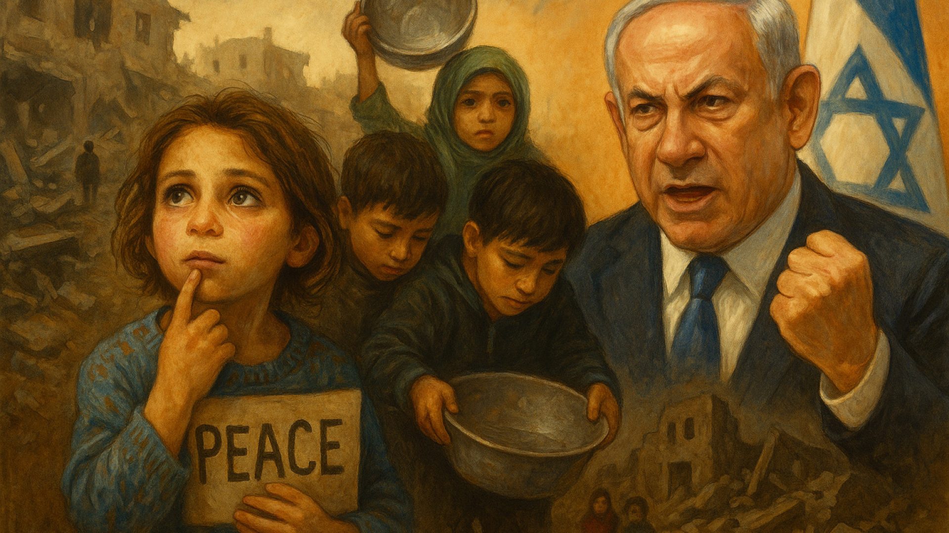 Fome e genocídio em Gaza - Imagem gerada por IA ChatGPT