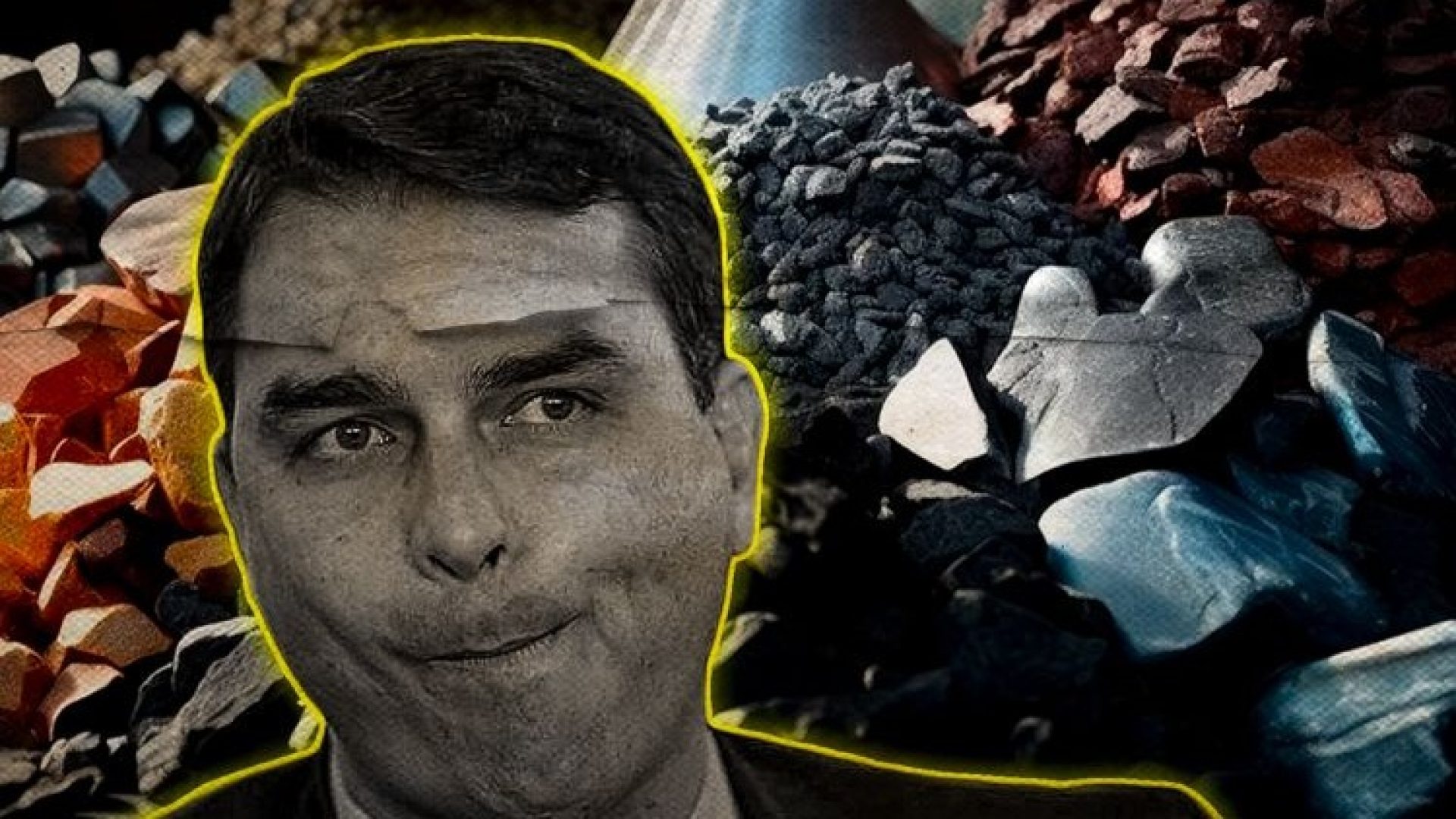 Fotomontagem Flávio e minerais raros. Crédito reprodução Virtualidades