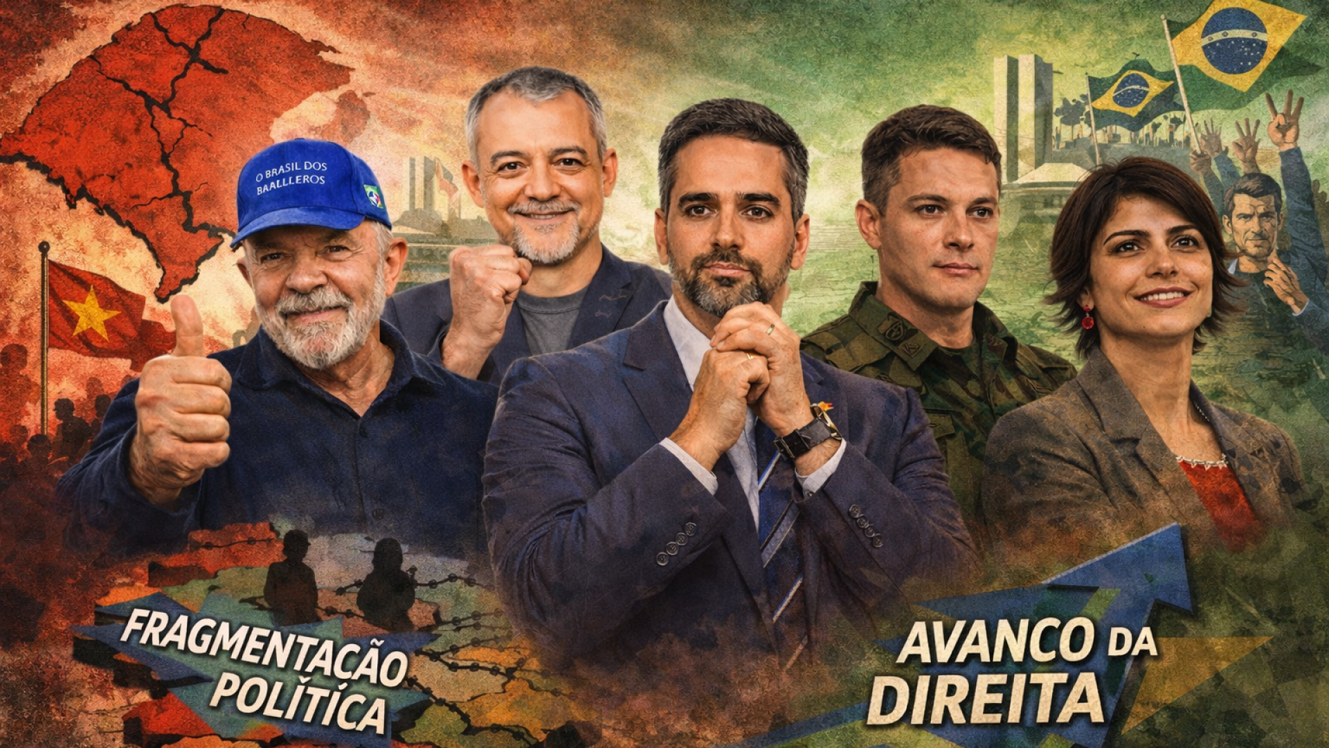 Oligarquização e fragmentação política favorecem a direita - Lula, Edegar Pretto, Eduardo Leite, Luciano Zucco e Manuela D'Ãvila - Imagem gerada por IA ChatGPT