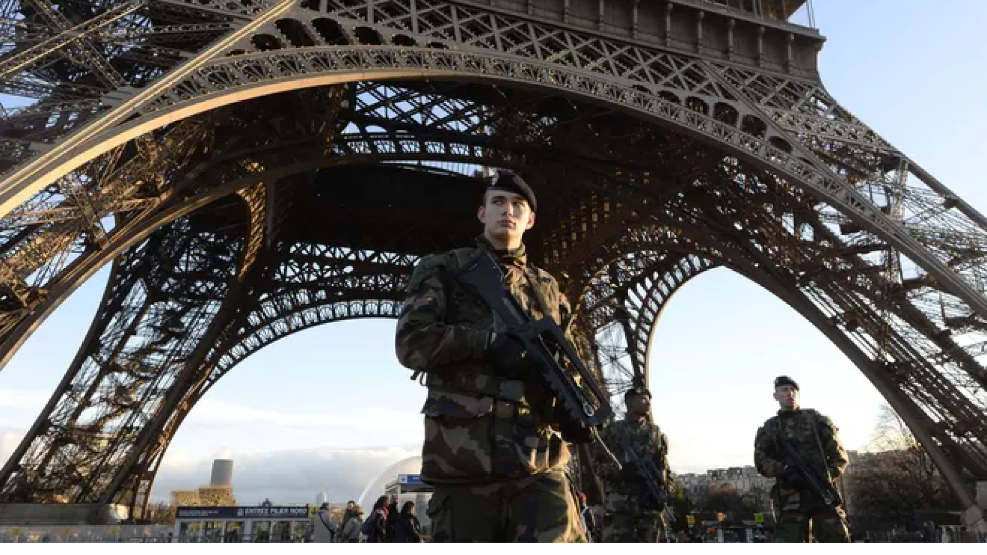 French soldiers patrol in front of the Eiffel Tower on Jan. 8, 2015 - Bertrand Guay/AFP/Getty Images