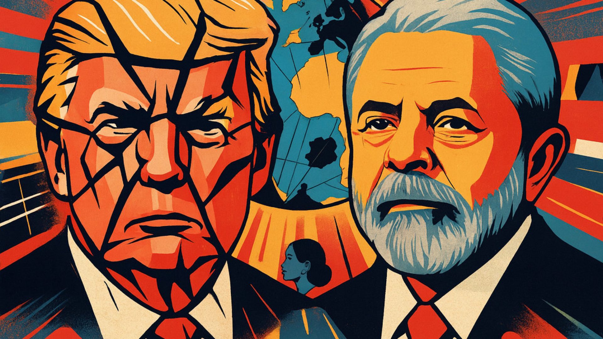 Globalização Trump com rosto estilhaçado x Lula íntegro - Imagem gerada por IA ChatGPT - Imagem gerada por IA ChatGPT