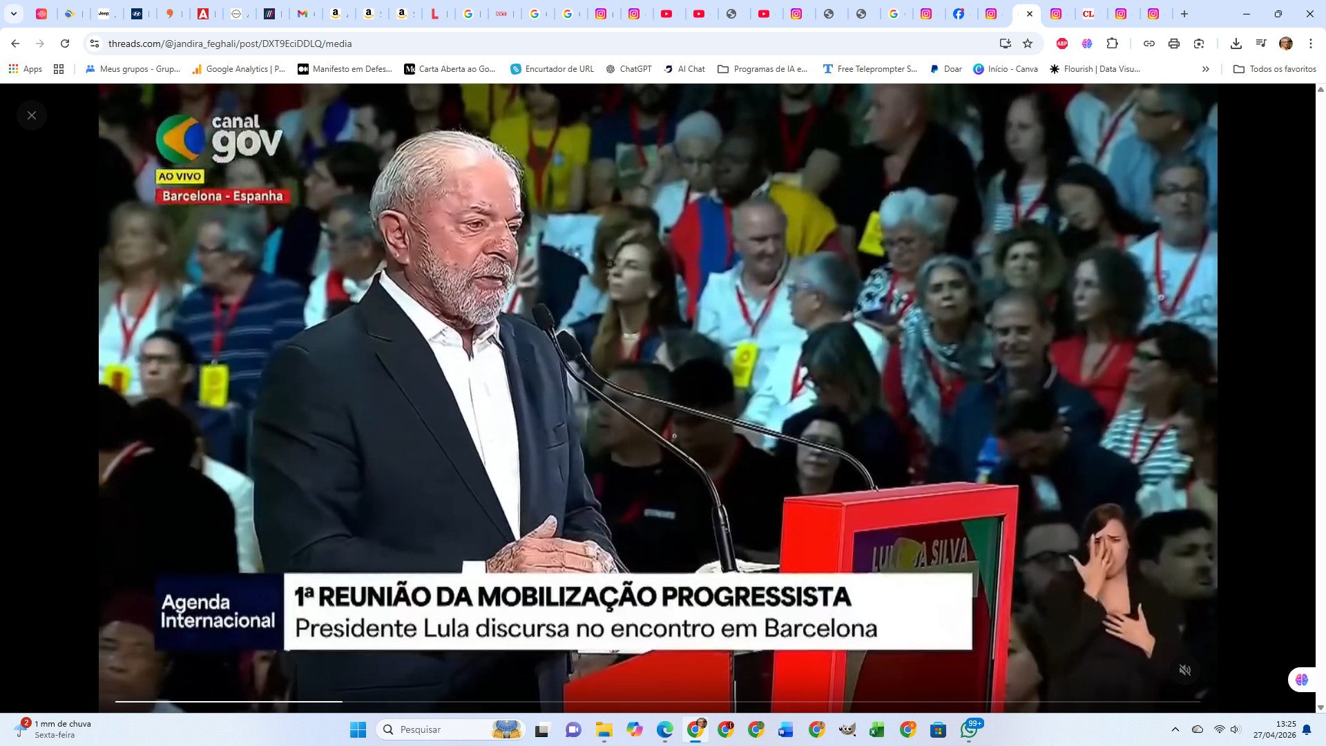 Lula discursa na 1ª Reunião da Mobilização Progressista em Barcelona - Print do vídeo oficial