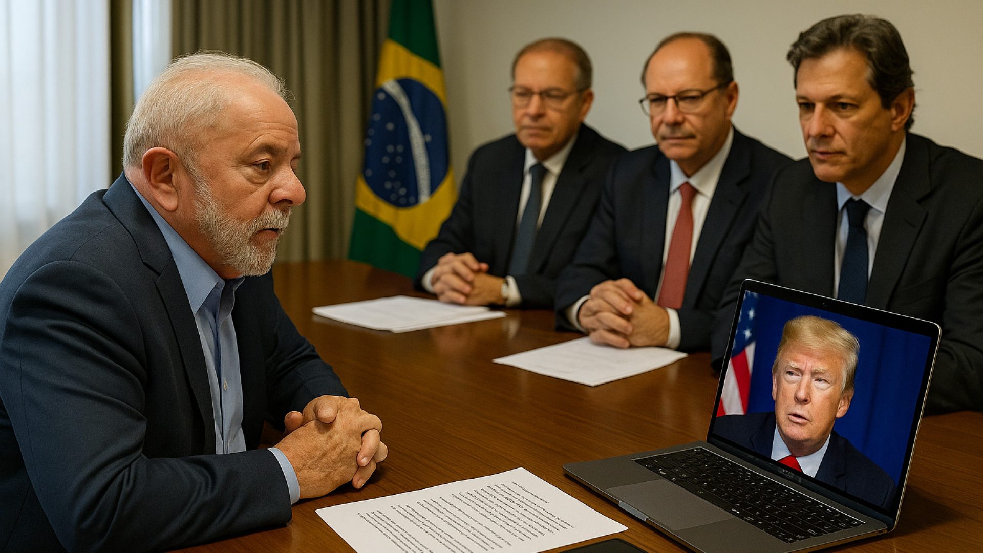 Lula e Trump em videoconferência - Imagem gerada por IA ChatGPT