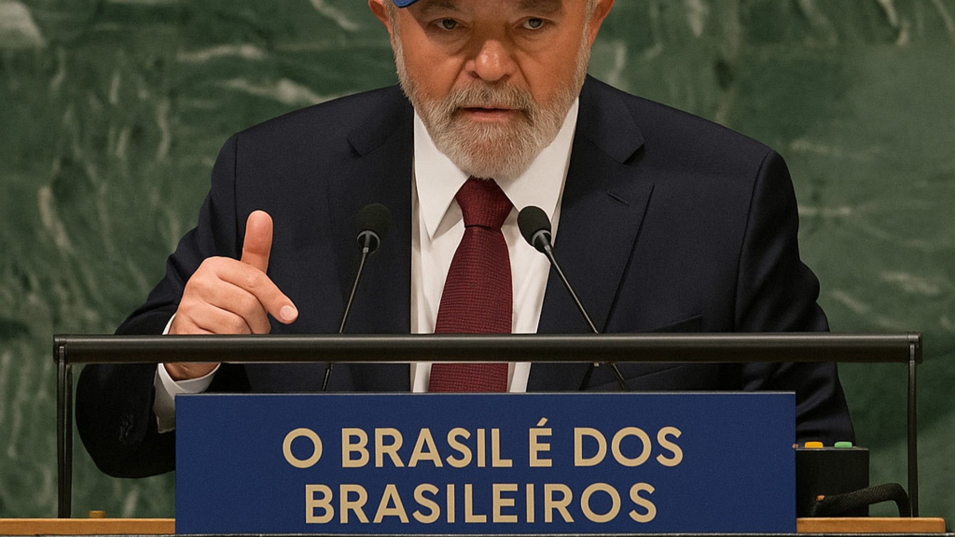Lula discursa na 80ª Assembleia Anual da ONU com boné O Brasil é dos Brasileiros - Imagem gerada dos IA ChatGPT