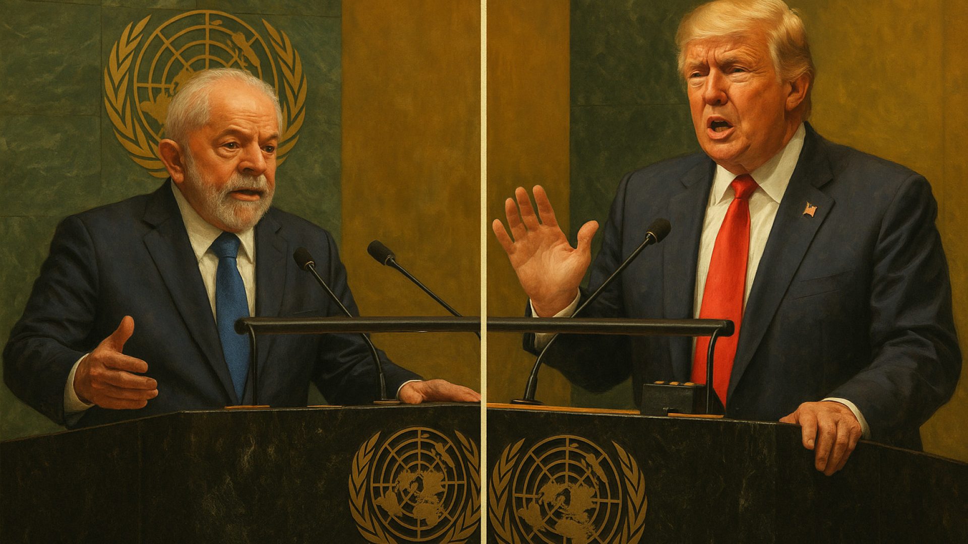 Lula e Trump discursam na abertura da 80ª Assembleia Geral da ONU - Imagem gerad a por IA ChatGPT