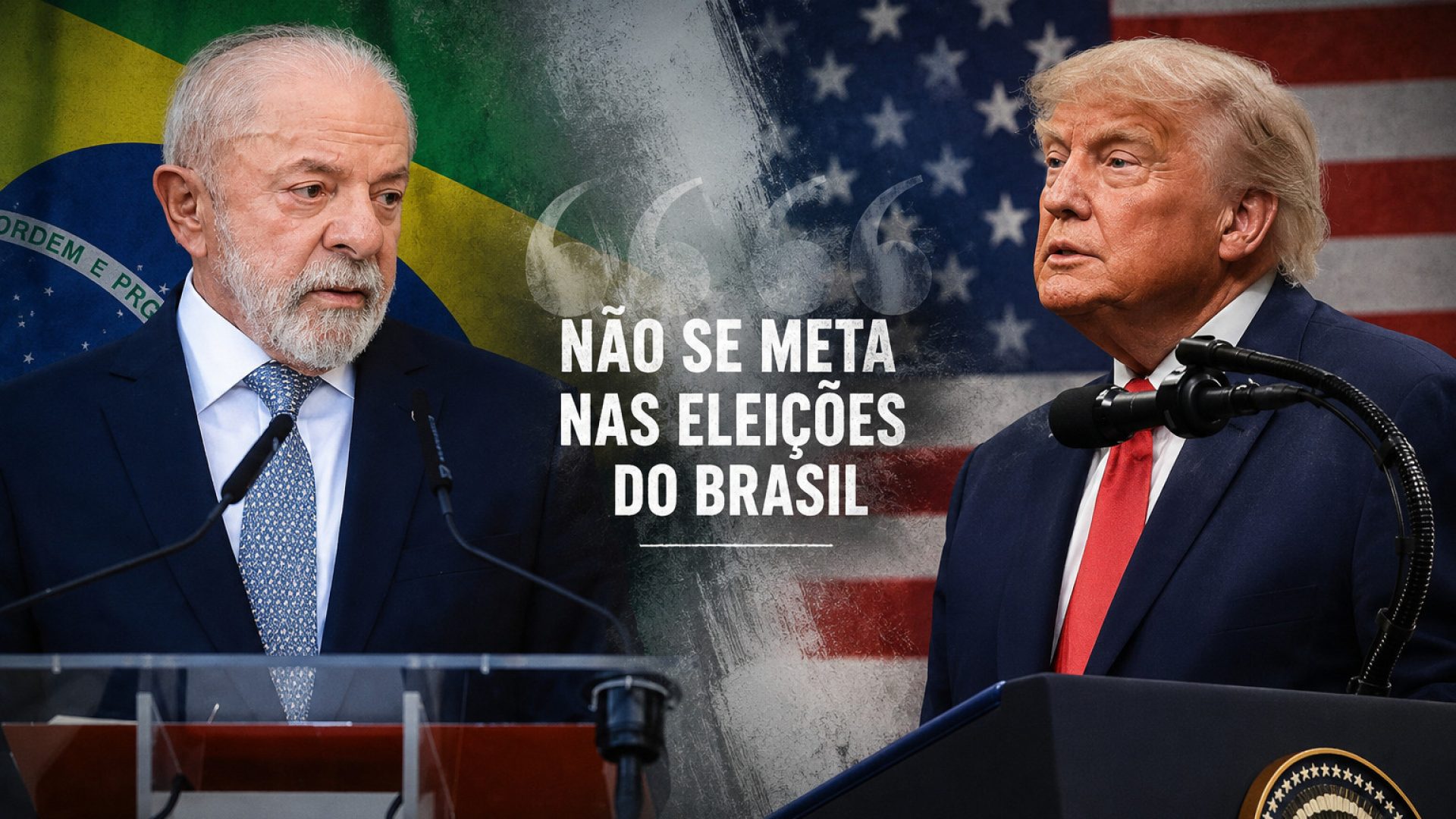 Presidente do Brasil, Luís Ignácio Lula da Silva, e Presidente dos EUA, Donald Trump, concedem entrevistas na reunião do G7 - Imagem gerada por IA a partir de fotos de divulgação.