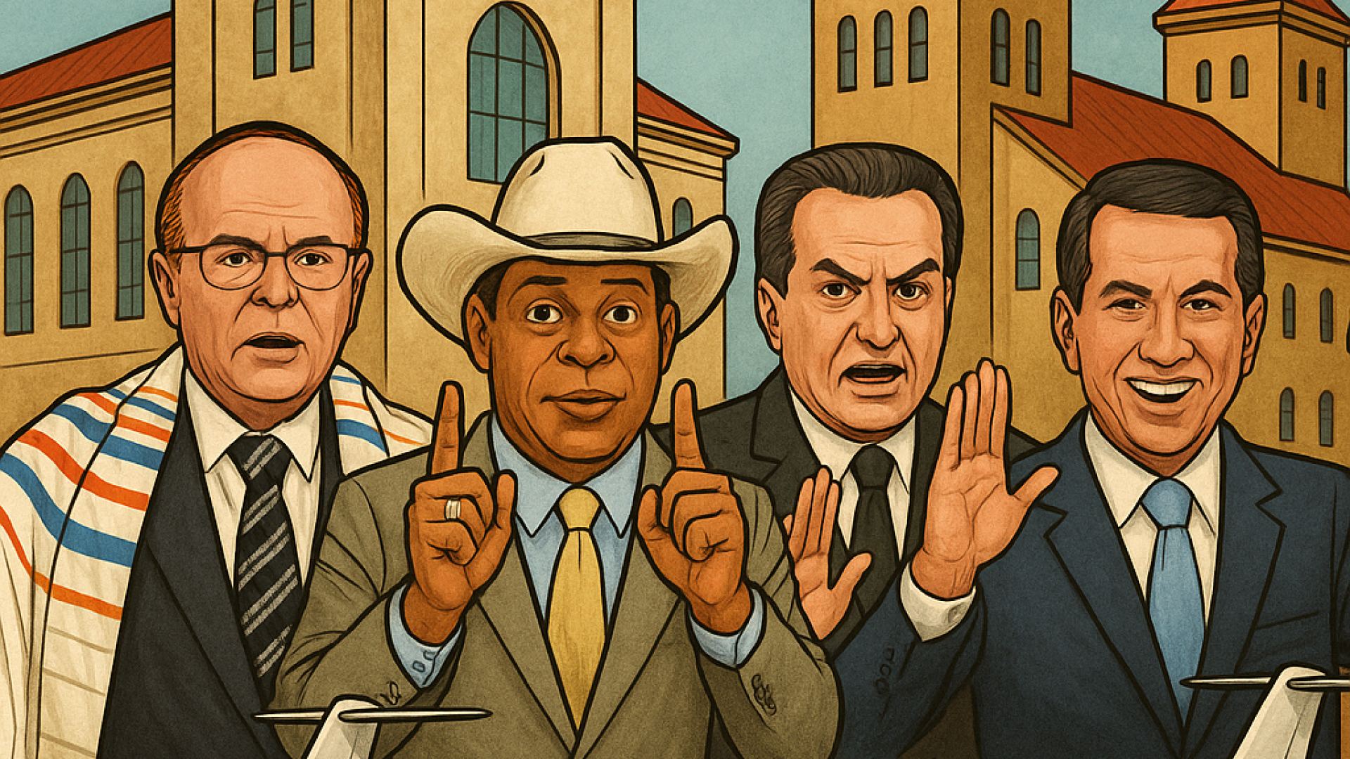 Pastores Edir Macedo, Valdemiro Santiago, Silas Malafaia, R.R. Soares e seus jatinhos e templos - Imagem gerada por IA ChatGPT