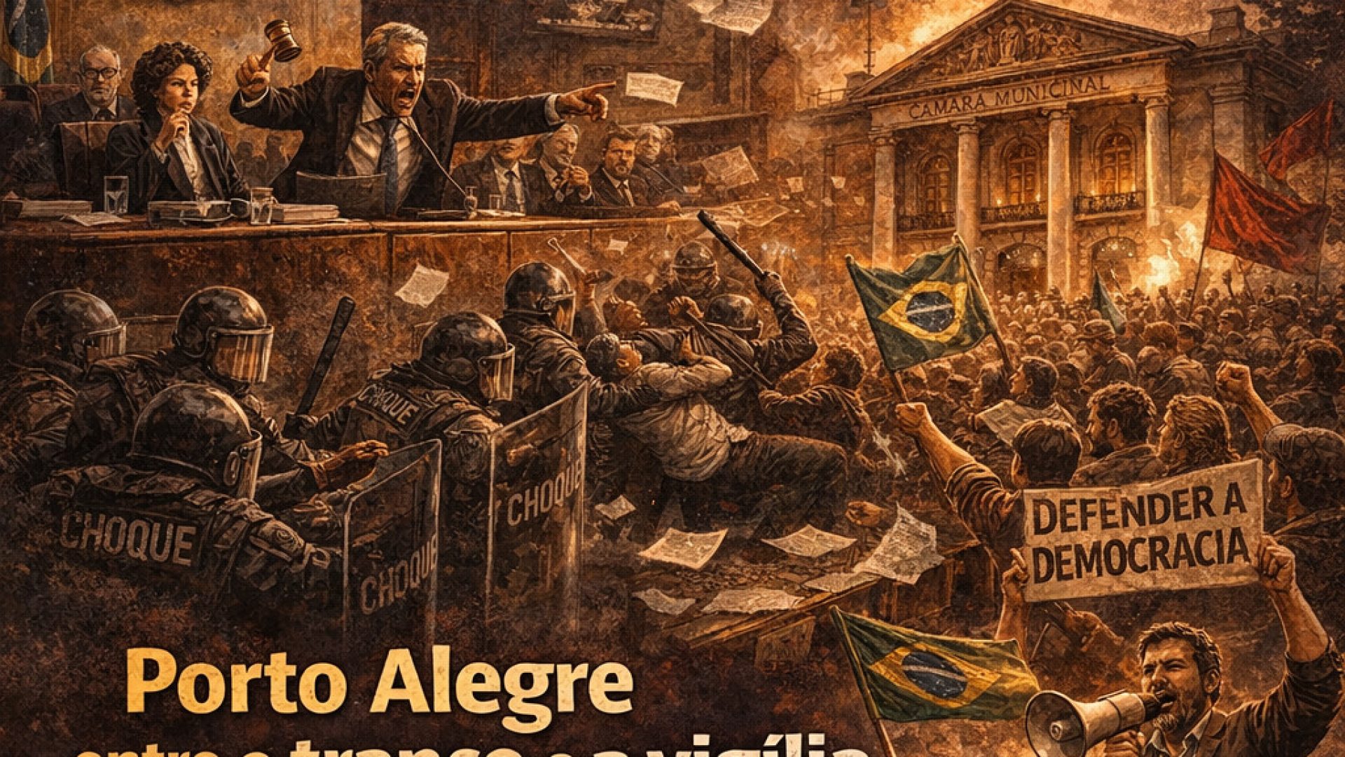 Porto Alegre entre o tranco e a vigília - Imagem gerada por IA ChatGPT