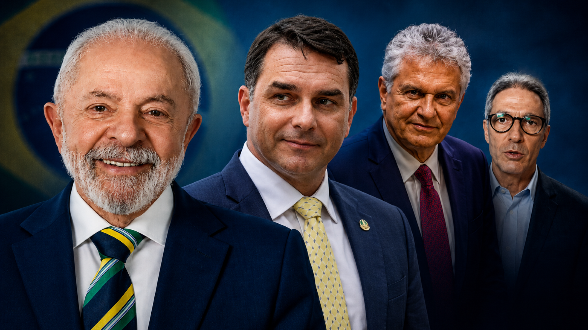 Foto montagem - Presidente da República Luís Inácio Lula da Silva; senador Flávio Bolsonaro; governador de Goiás, Ronaldo Caiado e governador de Minas Gerais, Romeu Zema.
