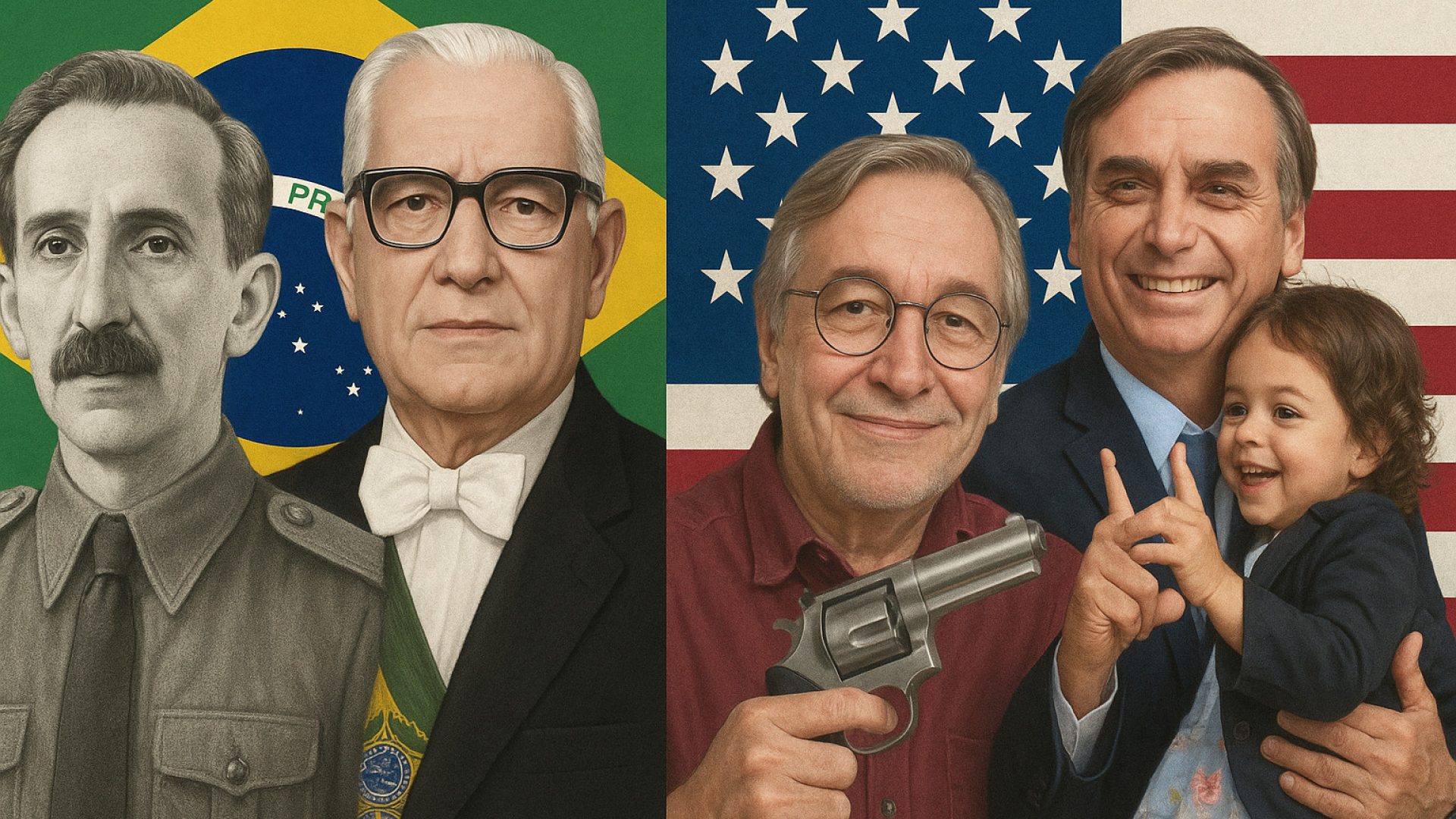 Plínio Salgado, Ernesto Geisel, Olavo de Carvalho e Jair Bolsonaro ensinando menina a fazer arminha com a mão. Imagem gerada por IA ChatGPT.