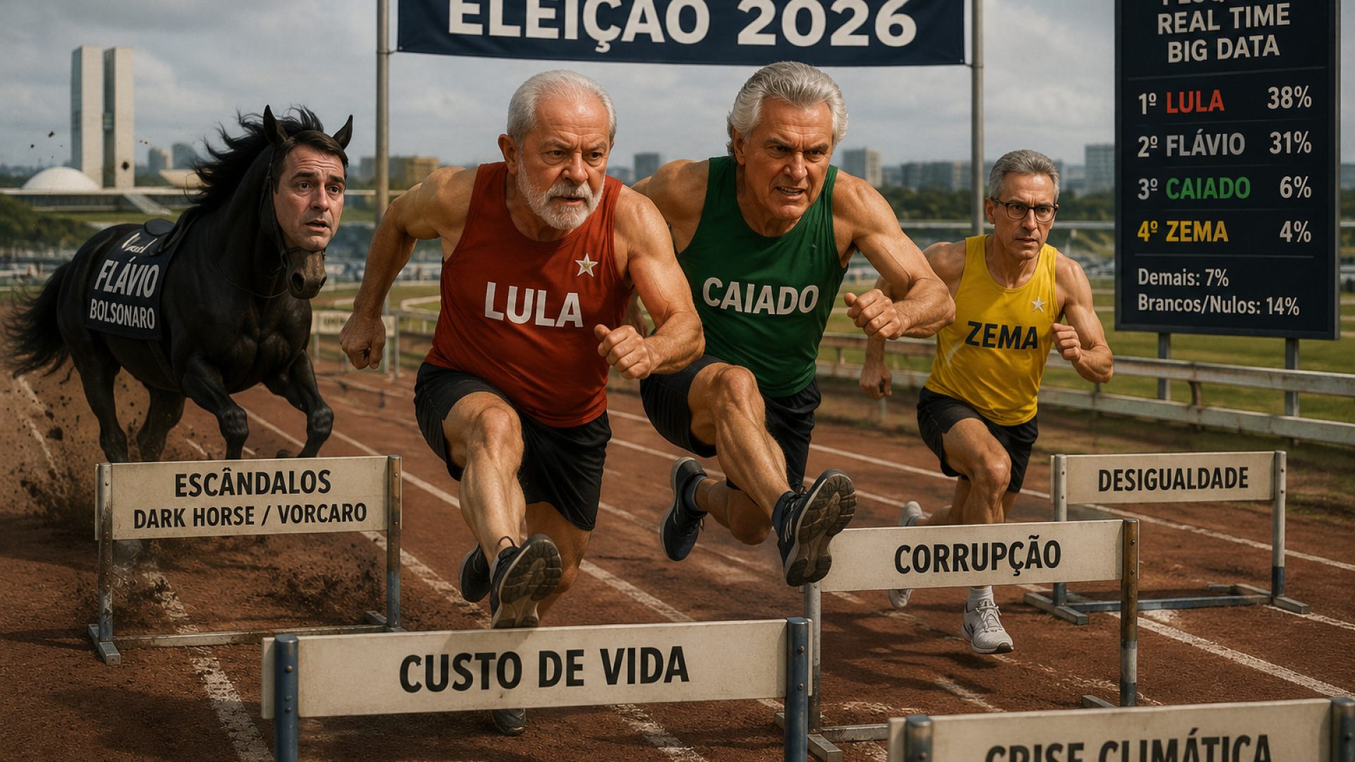 Lula, Caiado, Zema e Flávio na pesquisa Real Time Big Data divulgada em 01/06/2026 - Imagem gerada por IA ChatGPT