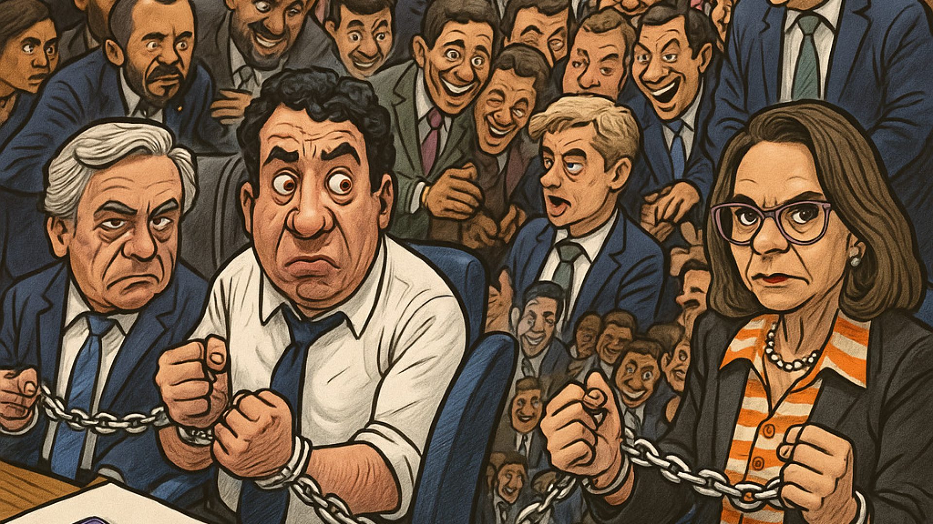 Senadores acorrentados e van Hattem de birra - Imagem Gerada por IA ChatGPT