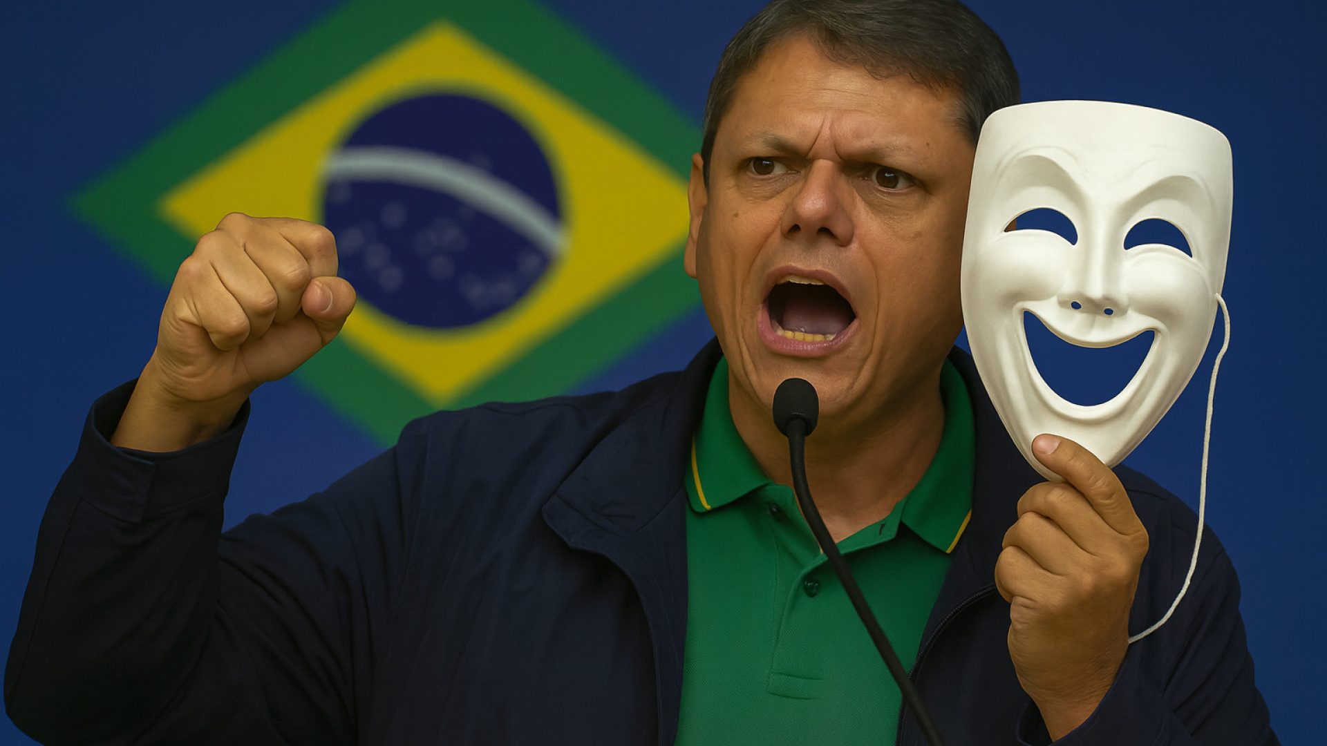 Tarcísio retira da máscara - Imagem gerada por IA ChatGPT