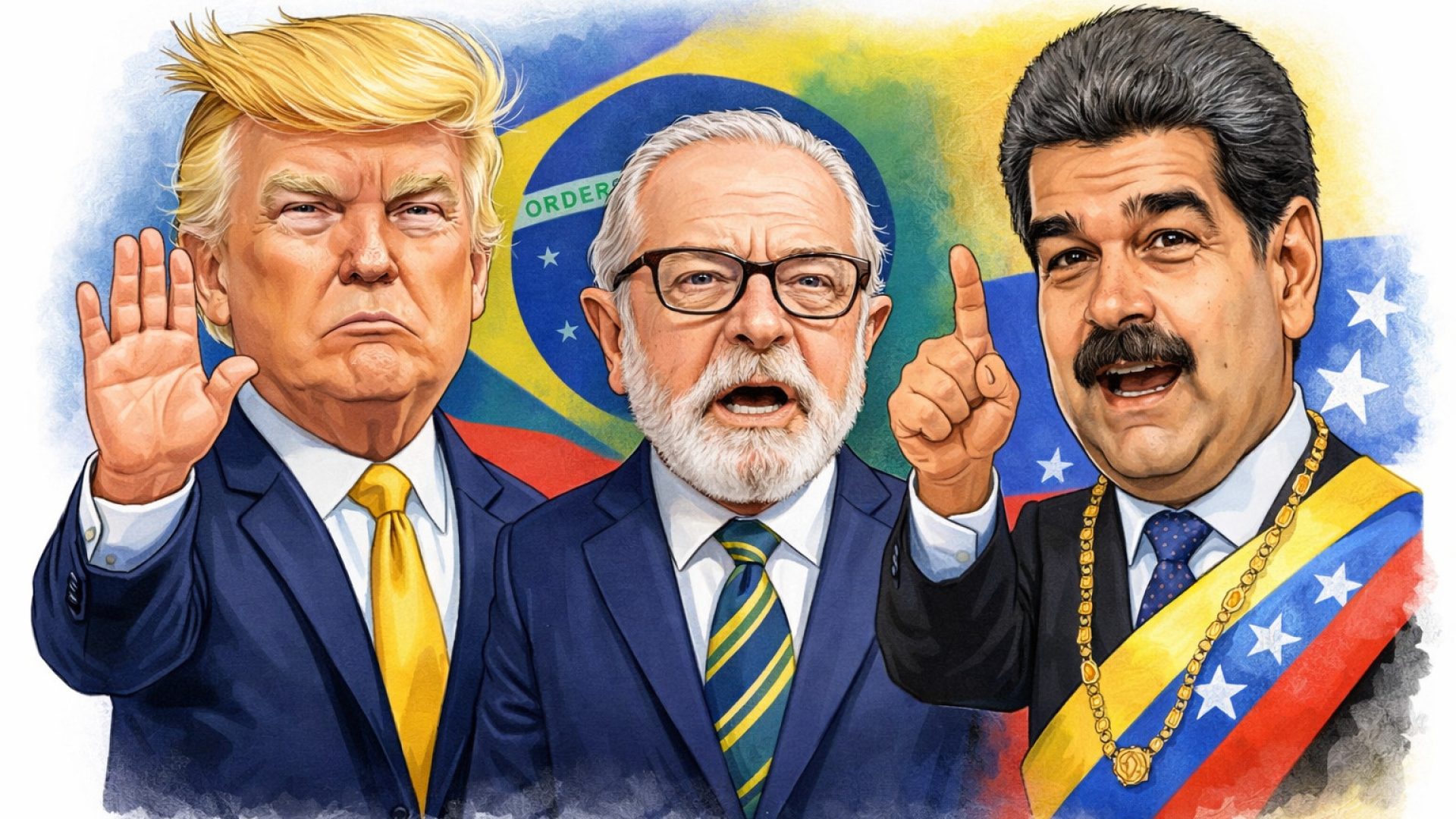 Presidentes Donald Trump (EUA), Luís Inácio Lula da Silva (Brasil) e Nicolás Maduro (Venezuela) - Imagem gerada por IA ChatGPT