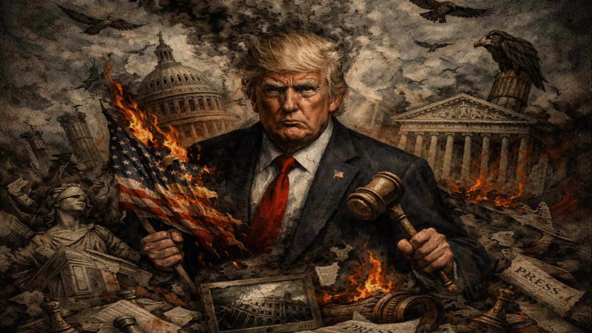 Trump corroi democracia nos EUA - Imagem gerada por IA ChatGPT.