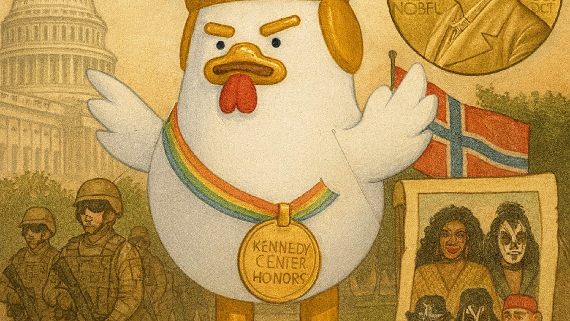 Trump galinha vaidosa - Ilustração gerada por IA ChatGPT