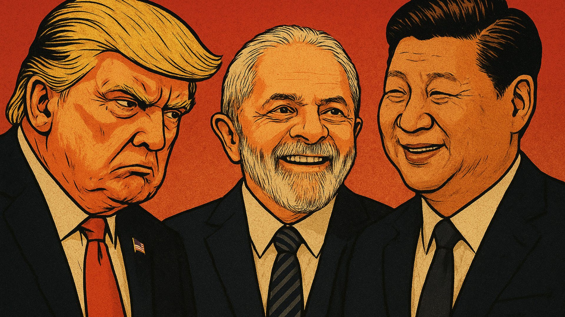 Trump emburrando, Lula sorrindo para Xi Jinping - Imagem gerada por IA ChatGPT