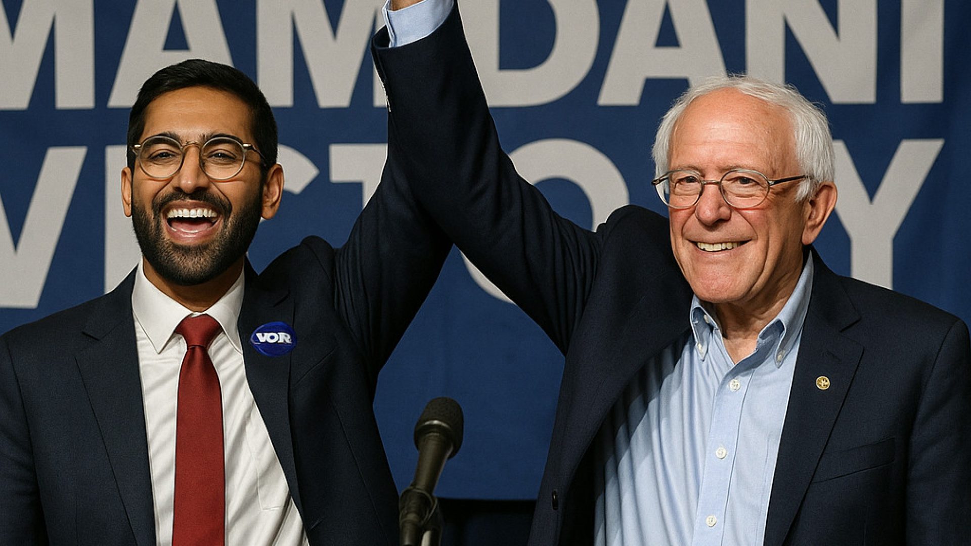 Zohran Mamdani e Bernei Sanders comemoram vitória eleitoral em Nova York - Imagem gerada por IA ChatGPT
