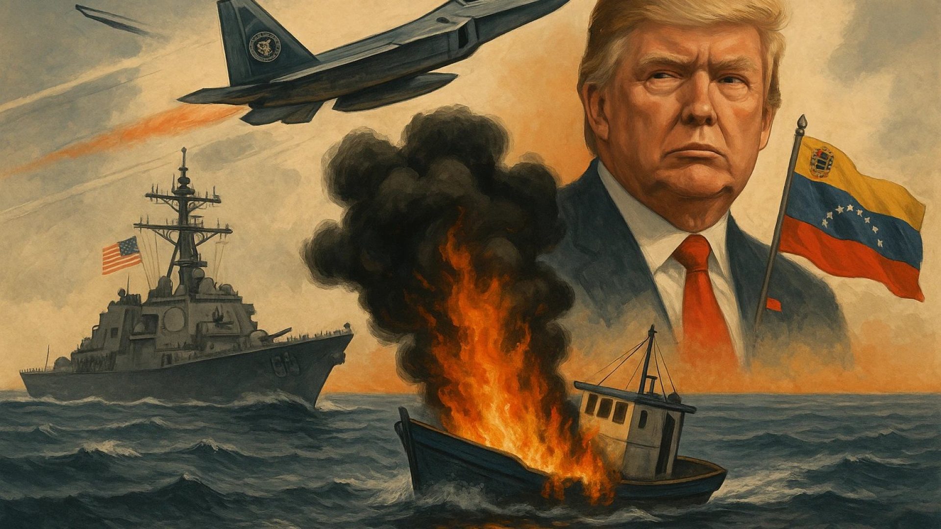 Ilustração jornalística sobre a escalada militar entre EUA e Venezuela.