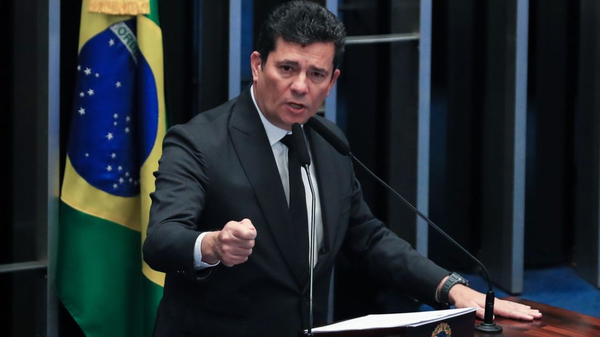 Brasília (DF) 22/03/2023 Senador, Sergio Moro, durante discurso na tribuna do senado onde falou sobre atentado contra ele e sua família.