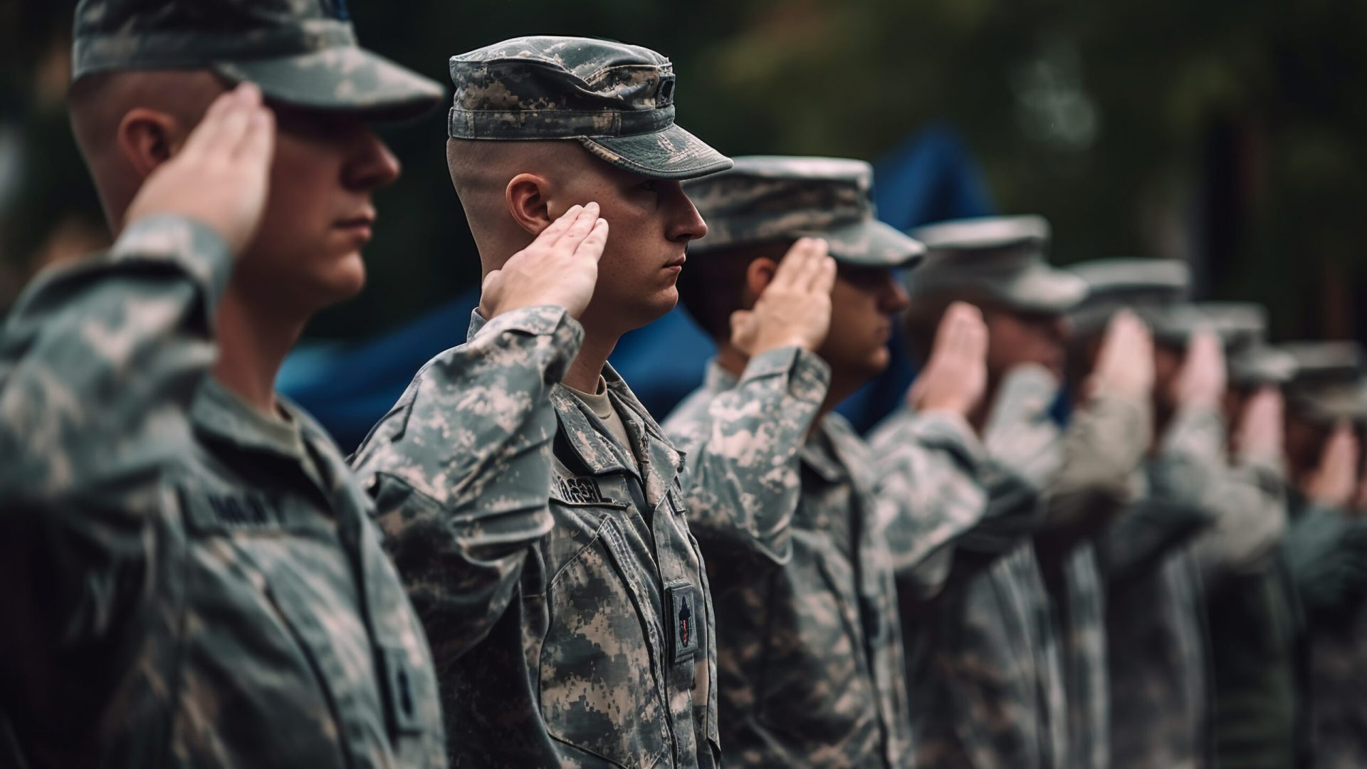 Group of army men saluting American flag generated by artificial intelligence