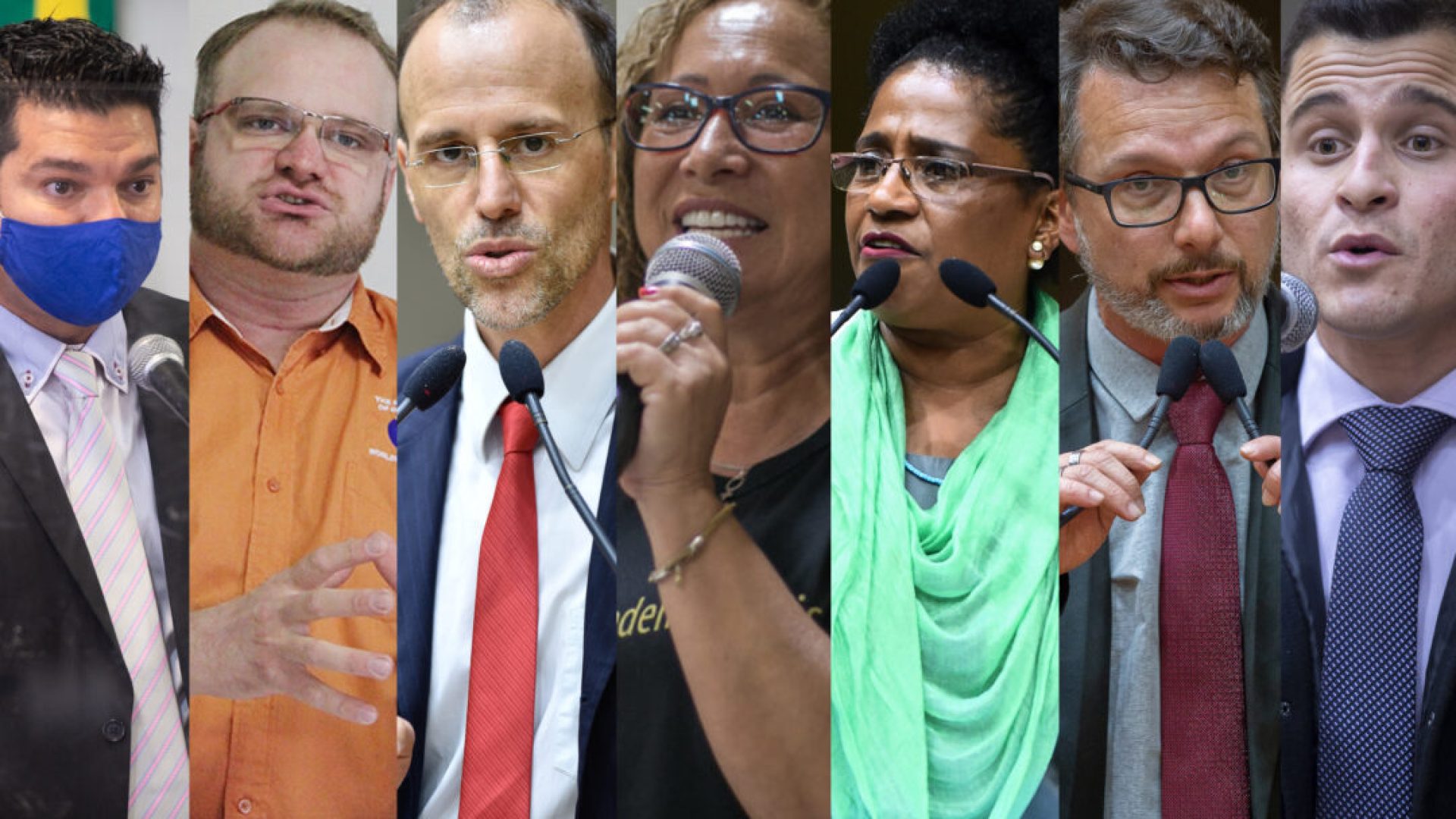 Foto dos novos vereadores da Câmara de Porto Alegre: Da esquerda para a direita: Marcelo Bernardi, Tiago Albrecht, Marcelo Sgarbossa, Abigail Pereira, Reginete Bispo, Professor Alex e Giovani Culau | Fotos: Reprodução/CMPA, IELB/Reprodução e Sul21.